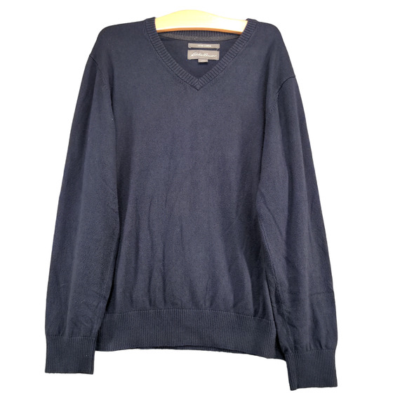 Eddie Bauer Men's Cotton Cashmere Pullover Sweater Blue Large V-Neck Ribbed Trim - Picture 1 of 12